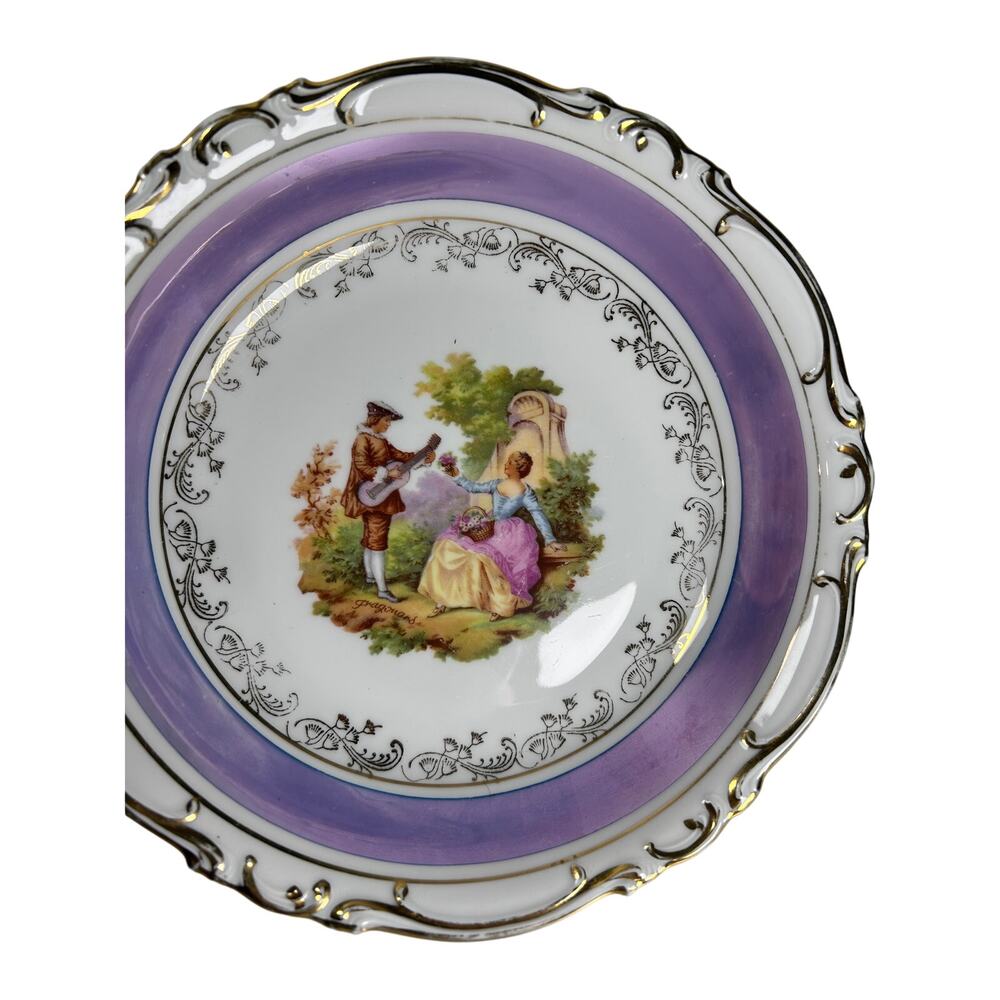 H&C Selb Bavaria Heinrich Fanny Eisler Courting Couple Bowl Purple Gold Trim 7.5